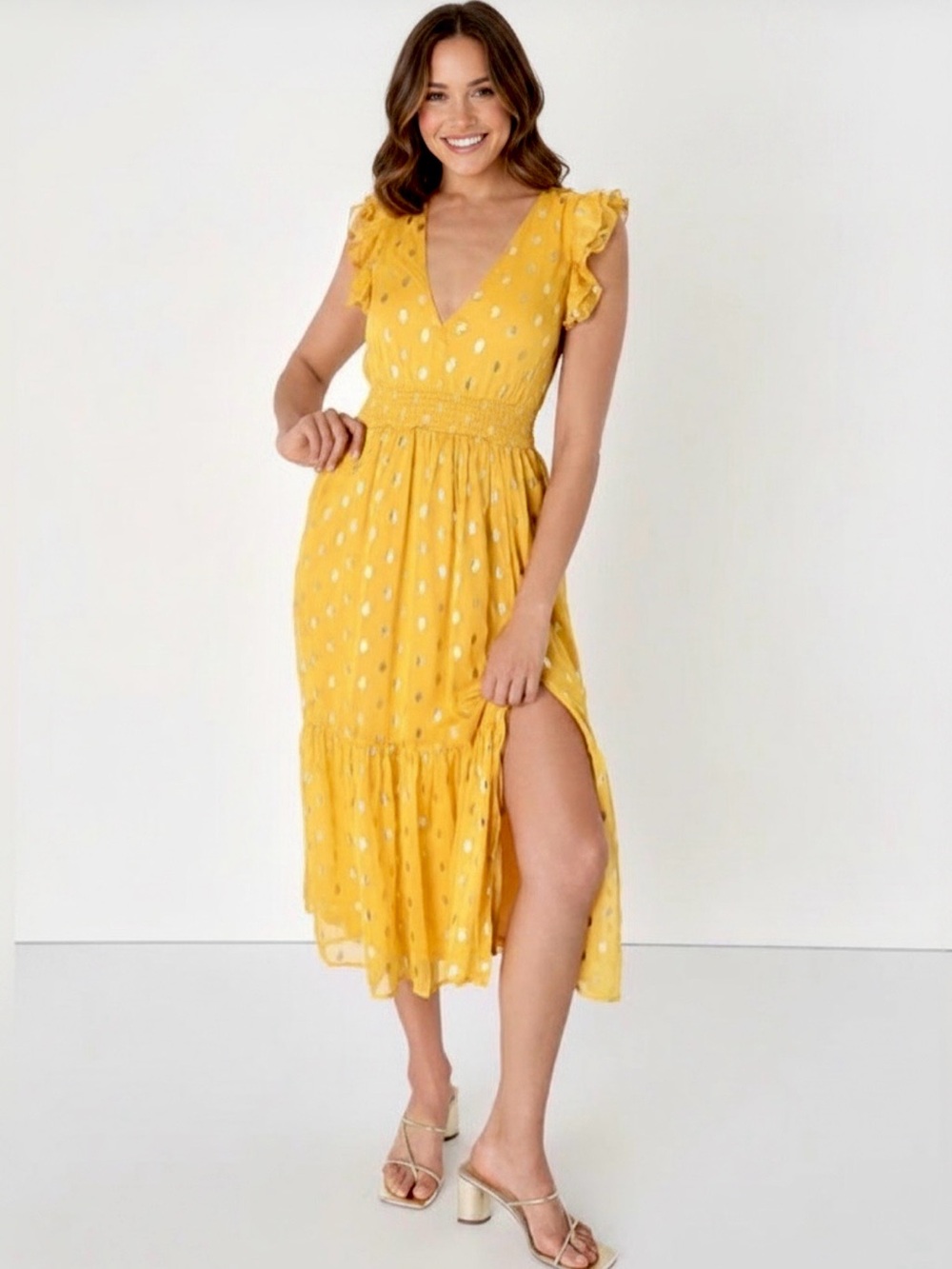 Lulus Cause to Celebrate Yellow and Gold Dot Ruffled Tiered Midi Dress, Size XS